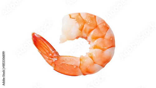 Cooked shrimp isolated PNG on transparent background, peeled prawn with orange stripes, seafood ingredient for healthy eating and gourmet recipes