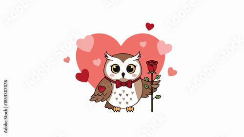 Stylized owl with red bowtie and rose on pink heart background
