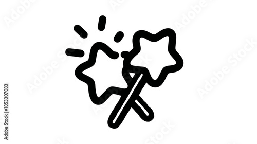 Black and White Outline Icon of Two Sparkling Star Wands - Magic, Wishes, and Celebration Graphic Symbol