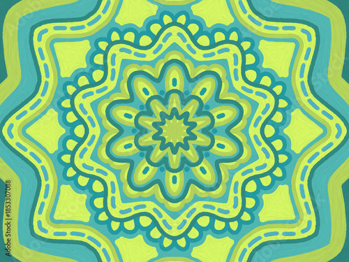 Blue green mandala abstract symmetrical floral pattern
