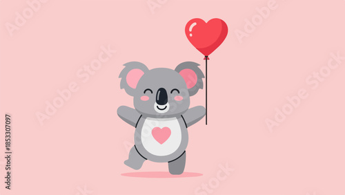 Playful cartoon koala with red heart-shaped balloon on light pink background