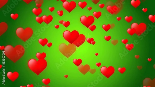 Falling Red Hearts Animation on a Gradient Green Background for Valentine's Day and Romance