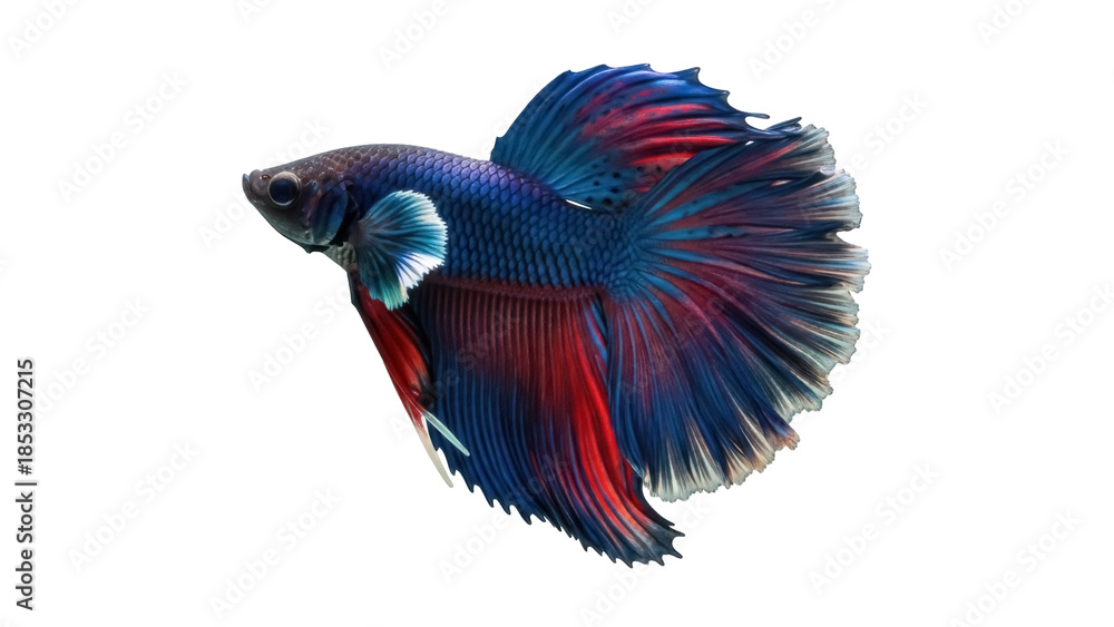 Obraz premium Elegant blue and red Betta fish PNG isolated on transparent background, colorful Siamese fighting fish with flowing fins