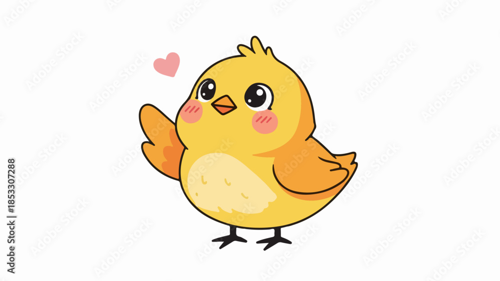 Fototapeta premium Cheerful cartoon chick with a pink heart above its head on a light beige background