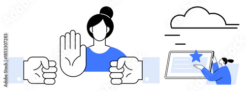 Cybersecurity, personal data protection, consent, online privacy, technology use, compliance. A woman holding a hand to indicate stop and secure technology icons. Cybersecurity and personal data