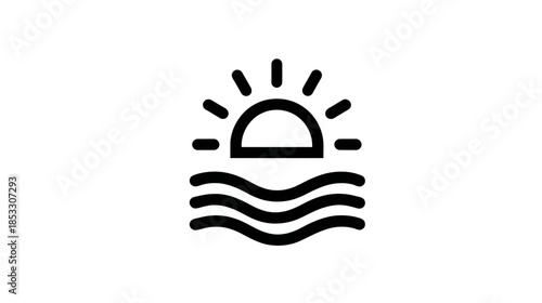 Minimalist Outline Sun and Waves Icon. Abstract Sunrise Sunset Over Ocean Water Graphic. Simple Line Art Vector Illustration.