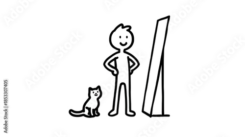 Confident stick figure person admiring reflection in a mirror with a small pet cat. Self-esteem and self-love concept illustration.