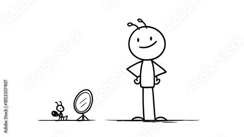 Little cartoon ant sees a tall, confident stick figure in the mirror, symbolizing self-perception, growth, and optimism.