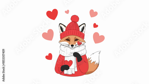 Illustration of a fox wearing winter attire with floating red hearts on a light pink background
