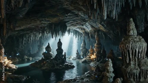 Mysterious underground cave with glowing crystals and flowing water illuminated by ethereal light beams