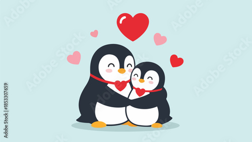 Two penguins hugging with heart necklaces and floating hearts on blue background