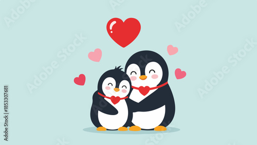 Two penguins embracing with hearts illustration