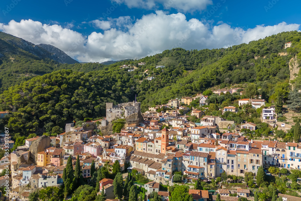 Obraz premium Aerial view of the medieval village of Roquebrune-Cap-Martin in French Riviera