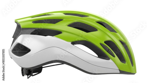 Quadro su tela Green and white bicycle helmet isolated PNG on transparent background, safety ge