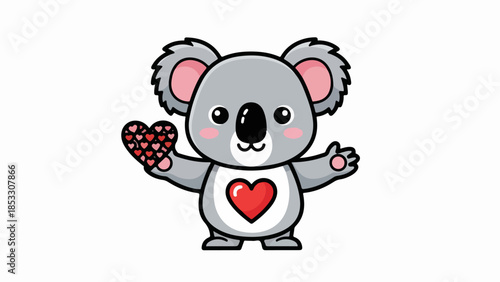 Playful cartoon koala with red heart on belly and mitten holding hearts