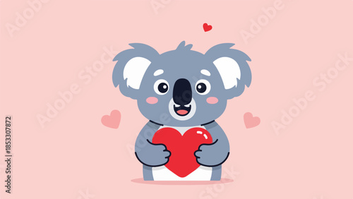 Gray koala holding a red heart with pink gradient background
