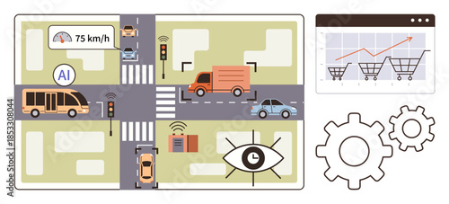 Urban intersection with traffic AI, vehicles, surveillance, traffic lights, speed monitoring, data chart, gear icons. Ideal for transport, AI safety urban planning innovation automation simple