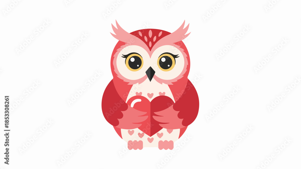 Fototapeta premium Stylized owl illustration with red feathers and a heart on a light pink background