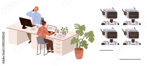 Team of two professionals working at a shared desk with a plant, books, and computers alongside rows of humanoid robots. Ideal for technology, business, productivity, future trends, automation