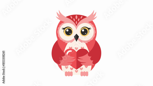 Stylized owl illustration with red feathers and a heart on a light pink background