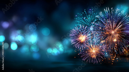 Decorative fireworks explosions poster design, celebration graphics, festive pyrotechnics display, colorful bursts pattern, holiday entertainment theme, with copy space