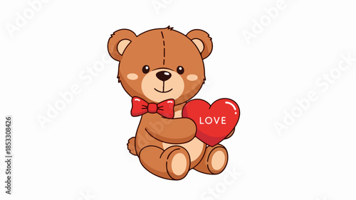 Plush brown teddy bear with red bow tie holding a heart with the word LOVE on a beige background