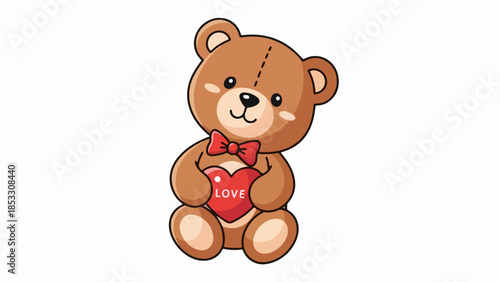 Handcrafted teddy bear with heart-shaped object and red bow tie on beige background