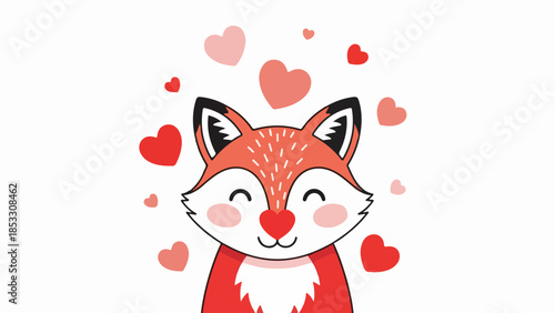Charming fox illustration with floating hearts in red and pink