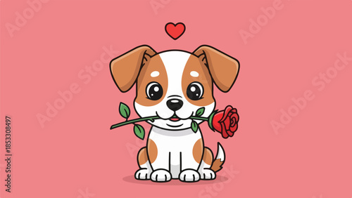 Cartoon illustration of a playful dog with a red rose in its mouth and a red heart above its head on a pink background