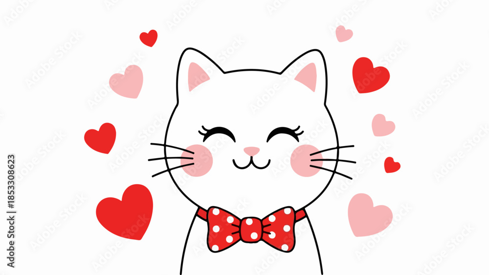 Fototapeta premium White cat with red polka dot bow tie surrounded by hearts