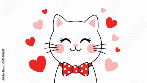White cat with red polka dot bow tie surrounded by hearts