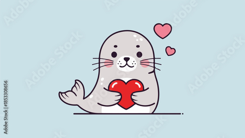 Cartoon seal holding a red heart with two floating hearts above on a light blue background