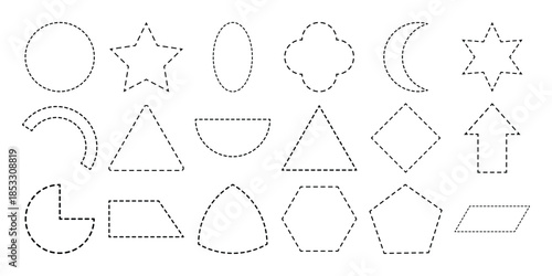 Line cut coupon with scissors. Borders with dashes of round, triangle, and rectangular shapes. Vector empty dotted frame templates for advertising design..