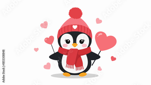 Illustrated penguin with red beanie, scarf, and pink heart-shaped balloons on neutral background