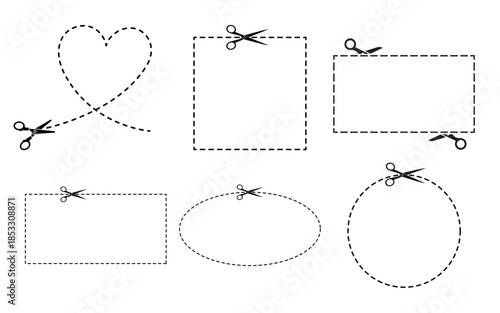 Line cut coupon with scissors. Borders with dashes of round, triangle, and rectangular shapes. Vector empty dotted frame templates for advertising design..