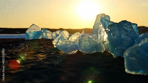Ice formations glisten under the golden sun, creating a shimmering effect on the beach. These ice formations catch the light, enhancing the beauty of the natural landscape.