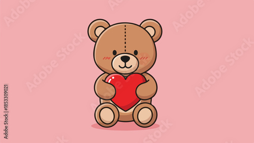 Illustration of a light brown teddy bear holding a red heart on a light pink background