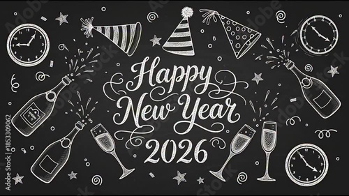 Celebratory New Year 2026 Illustration with Clocks Party Hats Champagne Toasts and Fireworks