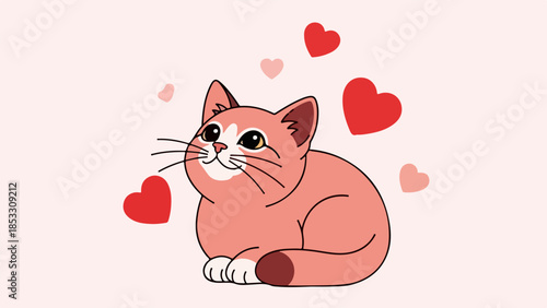 Pink cat with red hearts digital illustration