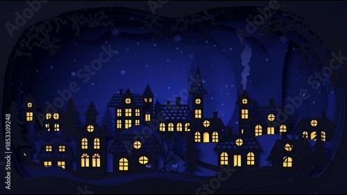 Animated Night Village Scene with Illuminated Windows Under Starry Sky in Silhouette Style for Holiday or Winter Content