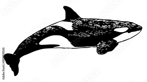 Monochrome aquatic creature silhouette illustration, vector graphic design, marine life representation, simplified animal shape, black and white artwork, with copy space