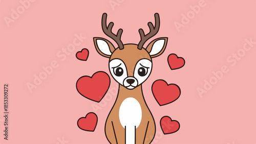 Cartoon deer with antlers and scattered red hearts on light pink background