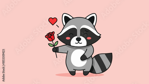 Cartoon raccoon holding a red rose with a red heart above its head