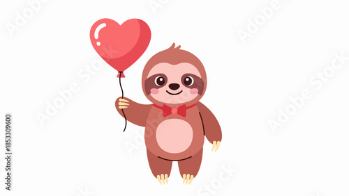 Cheerful cartoon sloth with red heart-shaped balloon on light beige background