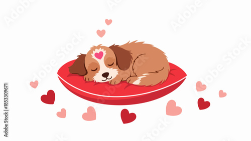 Brown and white dog resting on red cushion with pink heart on forehead