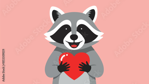 Raccoon holding a red heart on a pink background