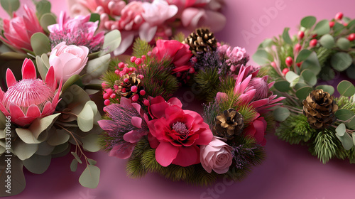 3D illustration of festive wreaths for holiday decoration, seasonal ornament design, circular botanical arrangement, celebration decor concept, with copy space