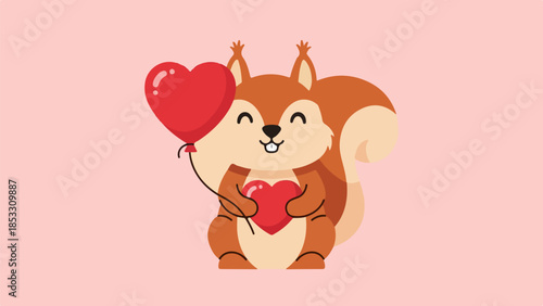Charming illustrated squirrel holding red heart-shaped objects on soft pink background