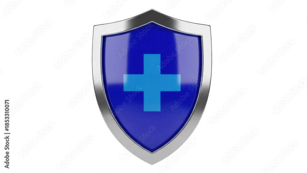 Obraz premium Blue medical shield with cross isolated PNG, protection and healthcare concept for graphic design and web projects on transparent background