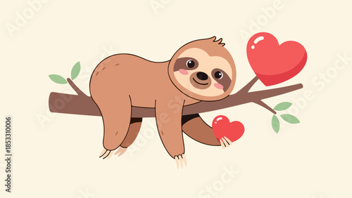 Playful cartoon sloth hanging upside-down on a tree branch holding red hearts